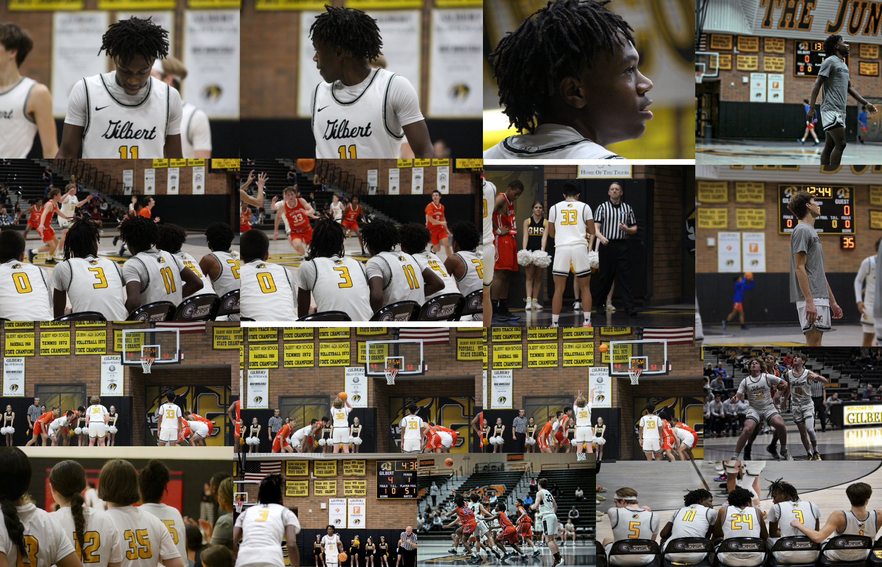 Basketball Photography — Gilbert High School game coverage. 15-photo collage: close portraits of player #11 (two angles), dramatic side-lit close-up, player jumping mid-court, bench row (players #0, #3, #11, #4 from behind), action on court, free throw with cheerleaders, scoreboard detail, wide court shot with all players, fans from behind, full court play sequence, bench players #5 #24 #3.