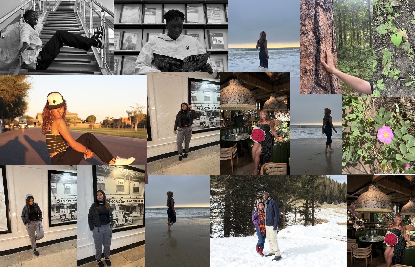 Portrait Photography — People & Nature Collection: 12-photo collage grid. Black and white staircase portrait, black and white library reading portrait, woman in blue dress at ocean horizon, hand touching pine tree bark, woman with LA cap sitting on track at golden hour, woman at See's Candies mural (two angles), glamorous woman with roses at restaurant, woman alone on beach at dusk, couple in snow forest, hand touching forest floor with pink wildflower.