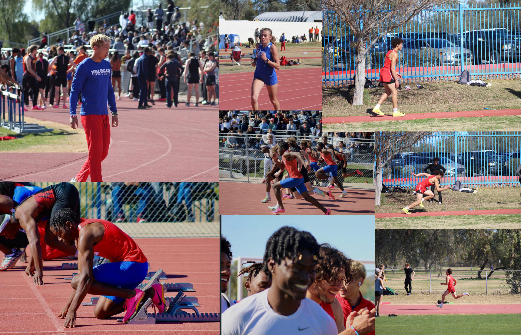 Track Photography — Mesa College track meet. 8-photo collage: Mesa College athlete walking red track with stadium crowd behind, female sprinter mid-stride in blue uniform, athlete in red uniform near blue fence, sprint pack coming out of blocks with crowd, athlete set in starting blocks (close, intense), two athletes smiling pre-race, sprinter in mid-run near fence, distance runner on grass.