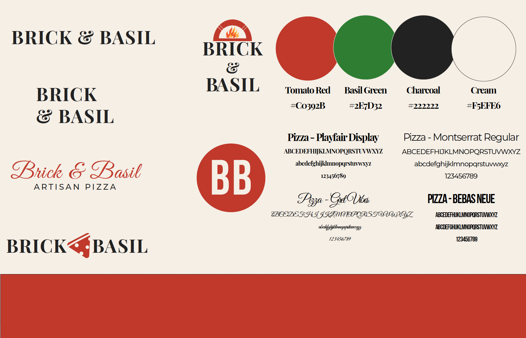 Brick & Basil Physical Flyer Mockup — hand holding 4 fanned printed flyers: green BB logo flyer (back), cream Made With Real Ingredients flyer, red $12 Monday Special flyer, dark Wood Fired Pizza front flyer — all showing brand consistency across different colorways at print scale.