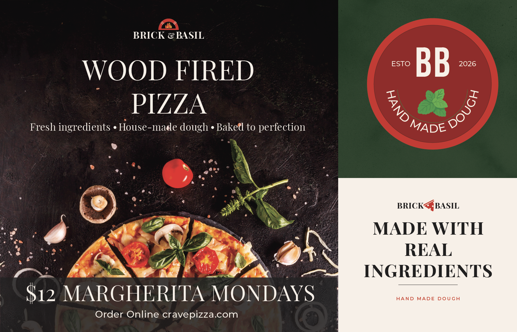 Brick & Basil Print Ad — $12 Monday Special: split-panel horizontal layout. Left panel: red field with $12 MONDAY SPECIAL headline in white serif and Margherita Pizzas in script, pizza photo bleeding across the split. Right panel: cream field with Brick & Basil wordmark, flame arch logo, and ARTISAN PIZZA subtitle.