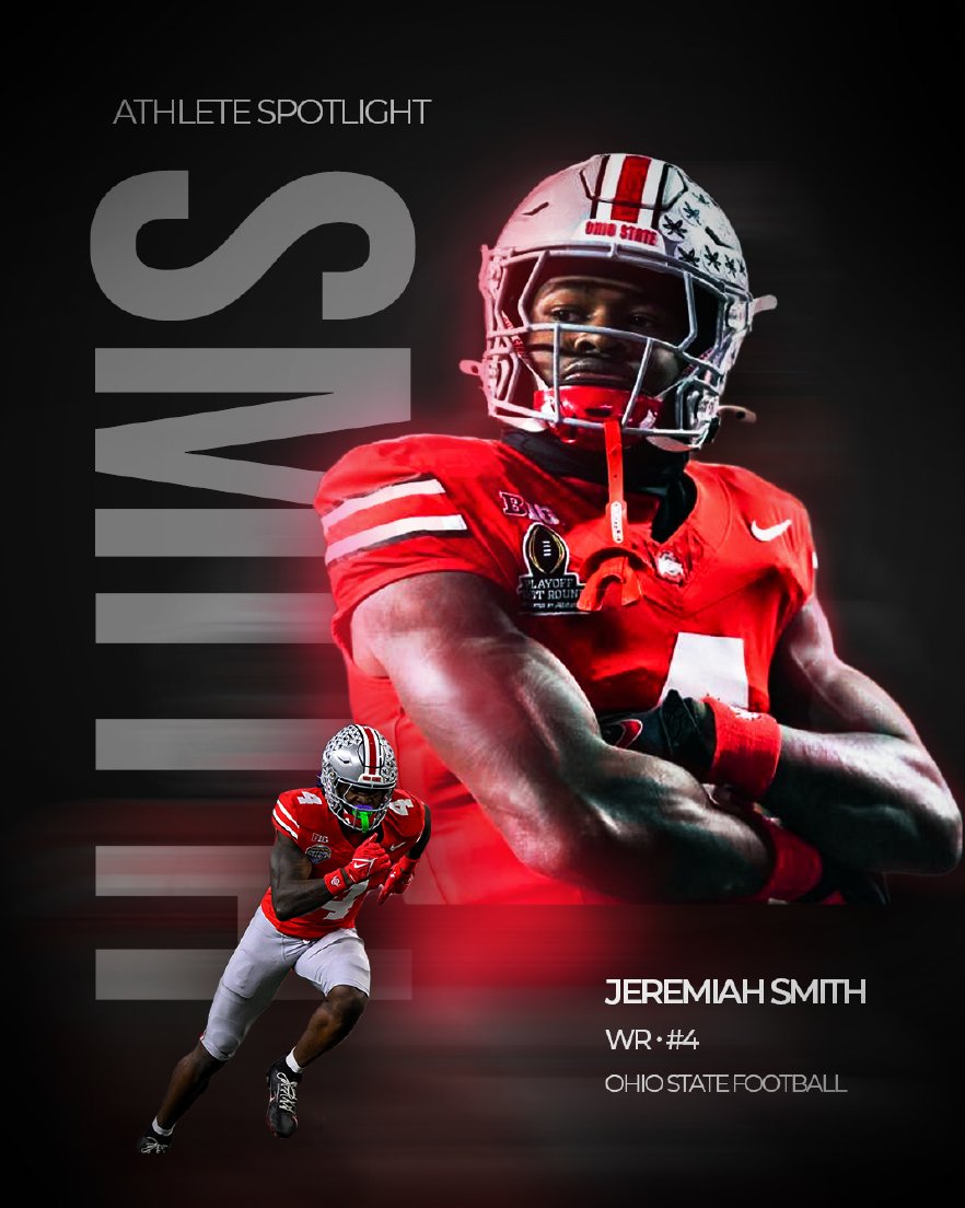 Athlete Spotlight — Jeremiah Smith, WR #4, Ohio State Football. Bold SMITH typography runs vertically behind layered player cutouts. Dramatic red lighting, dark field, high-contrast composition with Athlete Spotlight label at top.