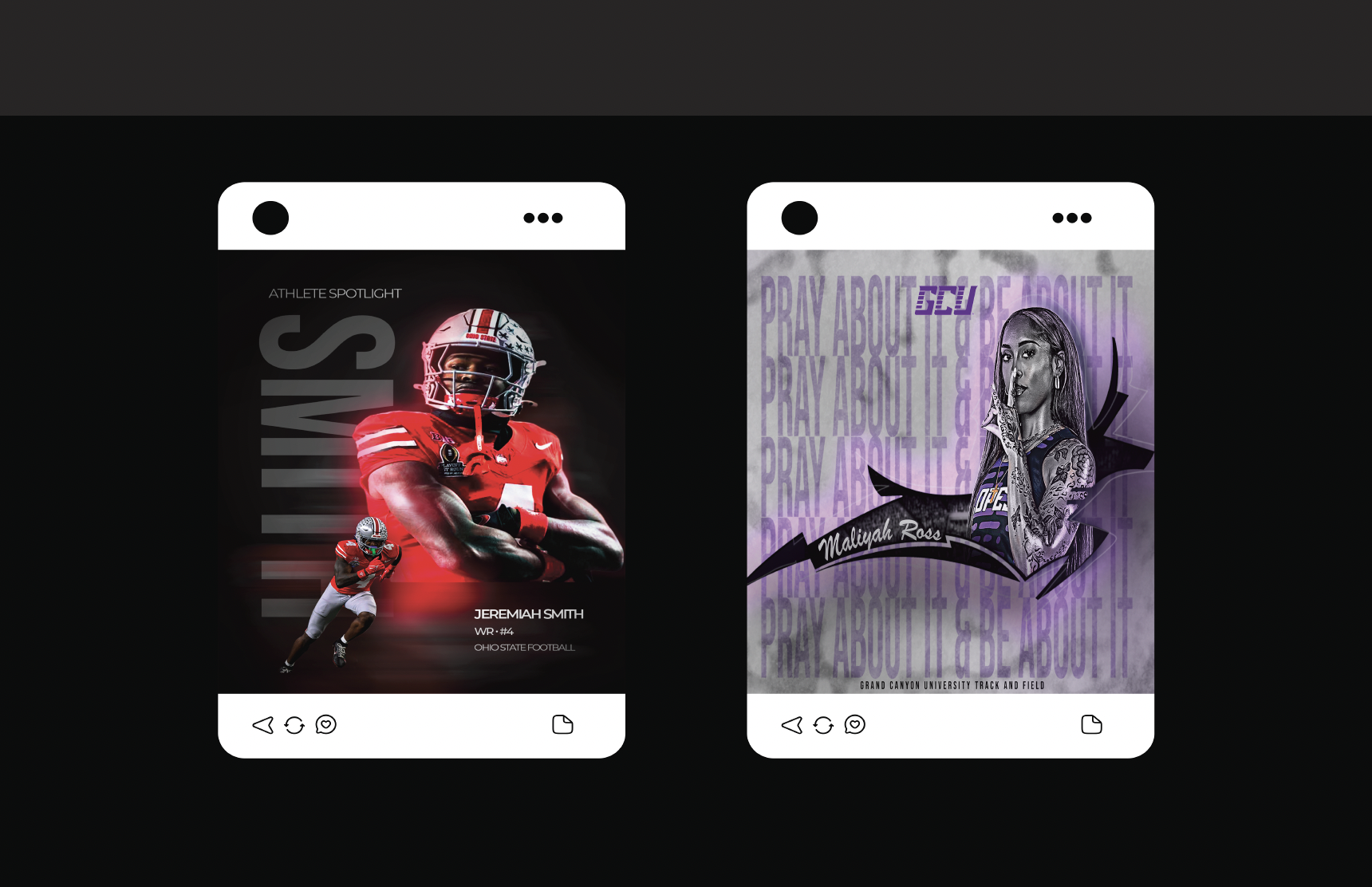 Player Spotlight Posters — Social Media Phone Frame Mockups: Jeremiah Smith (left) and Maliyah Ross (right) shown in mobile social media frames side-by-side.